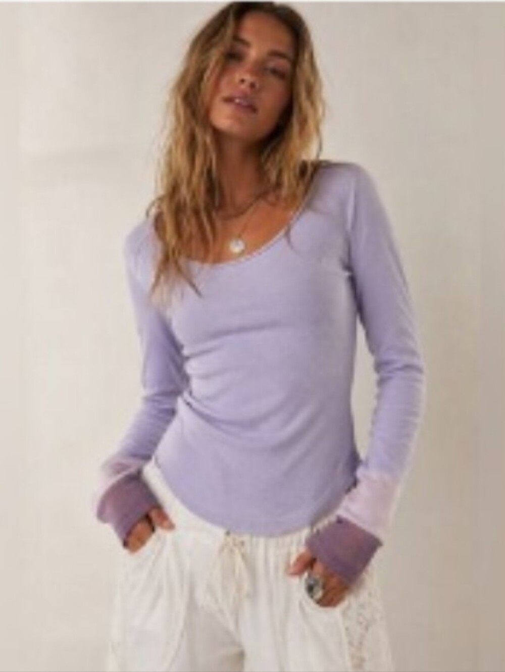 Free People We The Free Light Lavender Long-Sleeve Scoop Neck Waffle Thermal Top